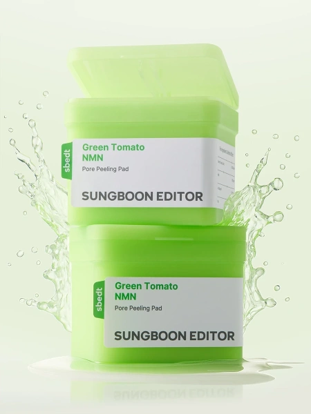 Sungboon Editor Отшелушивающие тонер-пэды для глубокого очищения и сужения пор Green Tomato NMN Pore Peeling Pad 60 шт фото 6