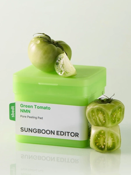 Sungboon Editor Отшелушивающие тонер-пэды для глубокого очищения и сужения пор Green Tomato NMN Pore Peeling Pad 60 шт фото 1
