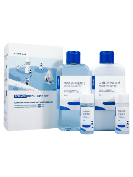 Round Lab Мужской увлажняющий набор для чувствительной кожи For Men Birch Juice Moisturizing Toner & Lotion Set 200+200+20+20 мл